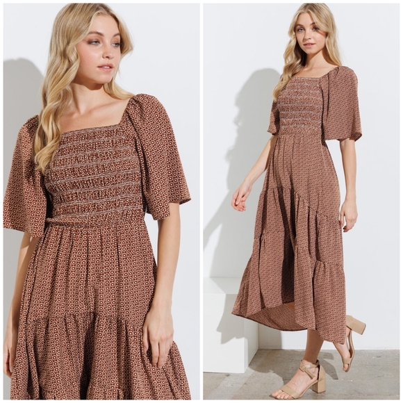 FEW LEFT ! POLAGRAM Chic Rusted Brown Short Bell Sleeves Maxi Dress - Picture 6 of 6